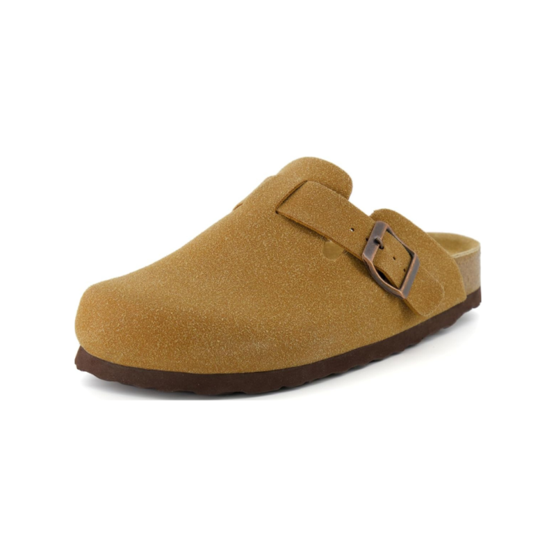 Yeluno Comfort Clogs with Cork Footbed & Memory Foam | Tan Vegan Suede