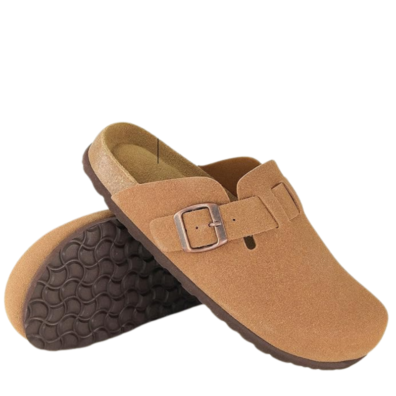 Yeluno Comfort Clogs with Cork Footbed & Memory Foam | Tan Vegan Suede - Image 2